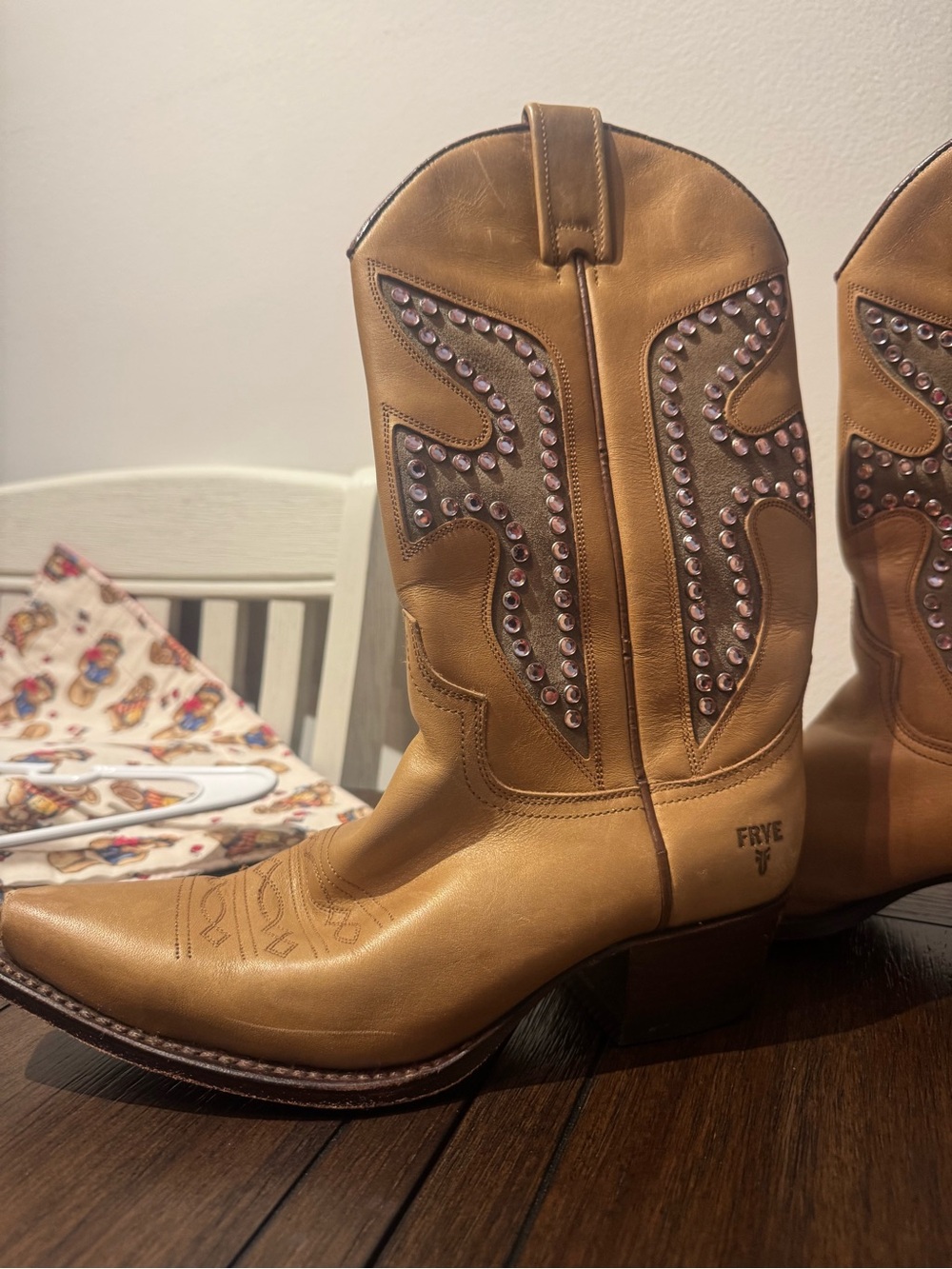 Frye Tan Leather Cowboy Boots with Pink Stud Accents